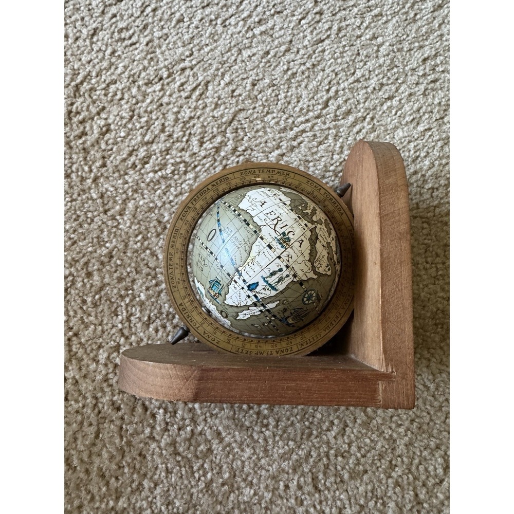 Vintage 1970s Wood‎ World Globe Bookend Old World Map Decor Made in Hong Kong